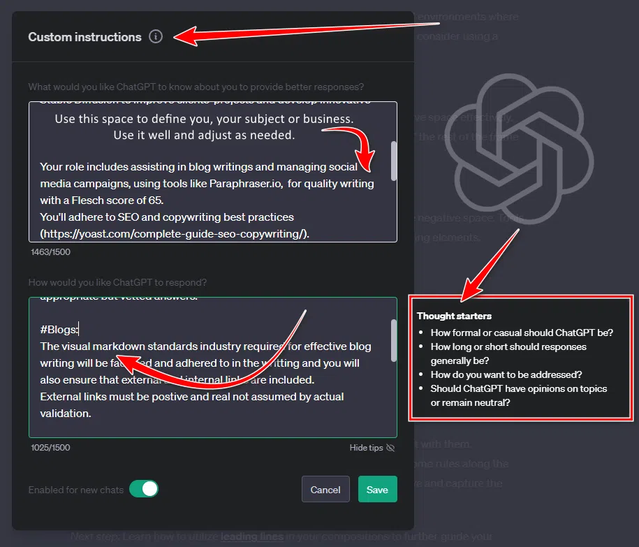 Computer interface showing OpenAI's Custom Instructions settings