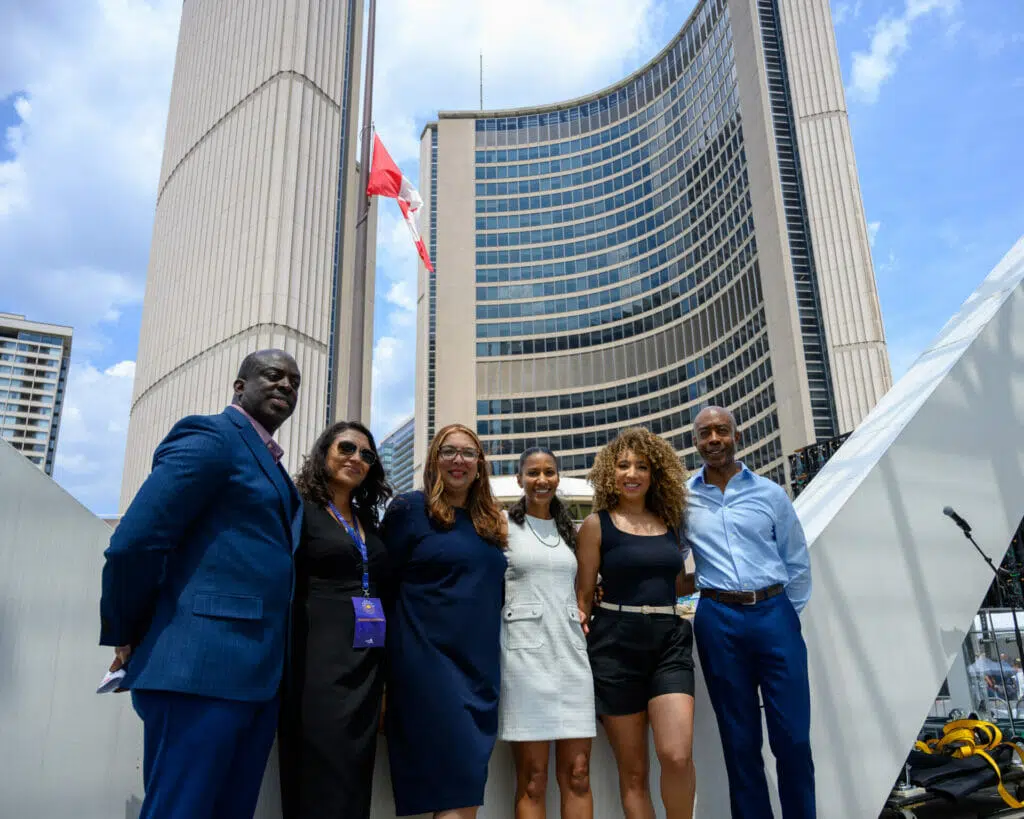 Executives and on-air media personalities at the Toronto Caribbean Carnival 2023 launch event