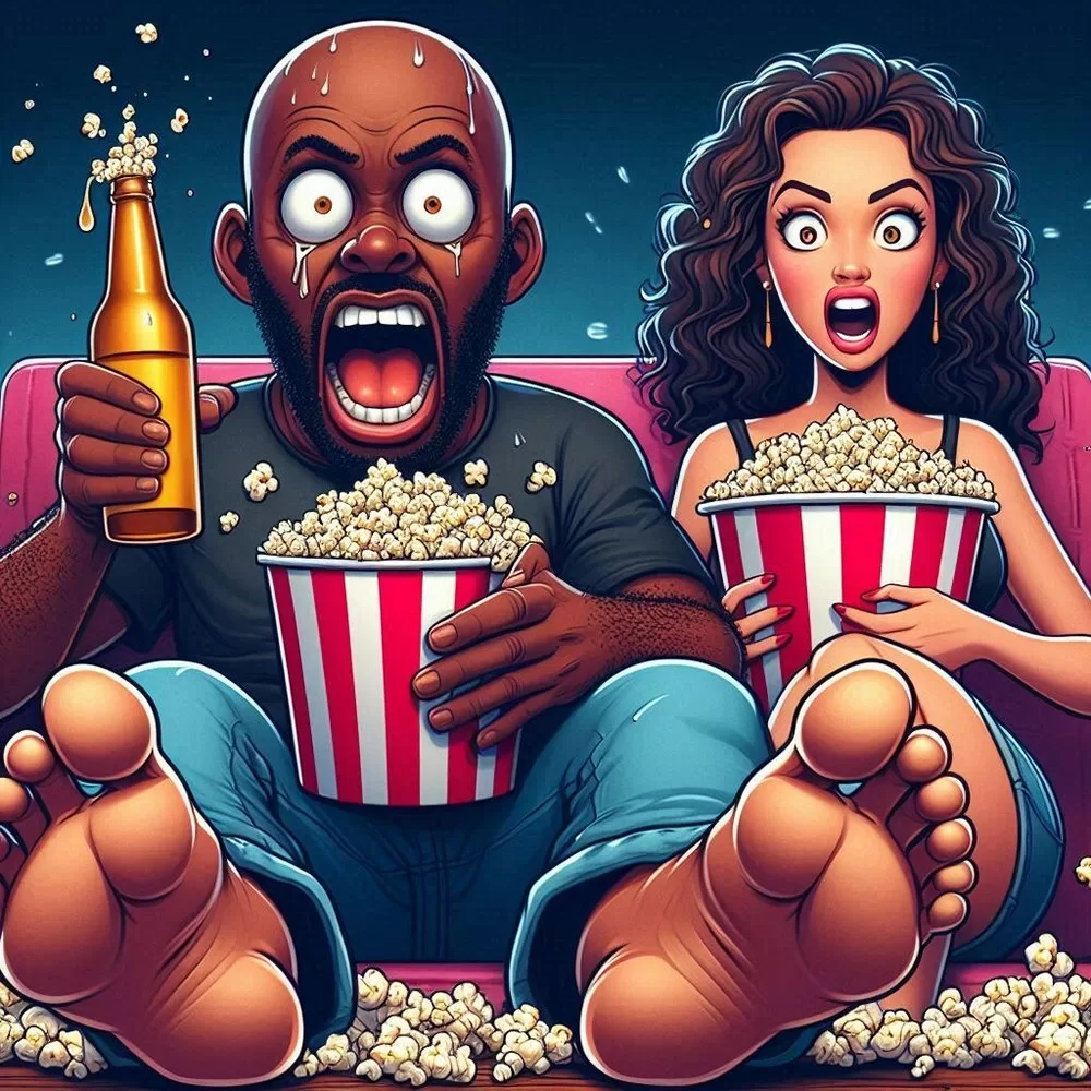 a man and woman sitting on a couch with popcorn and beer