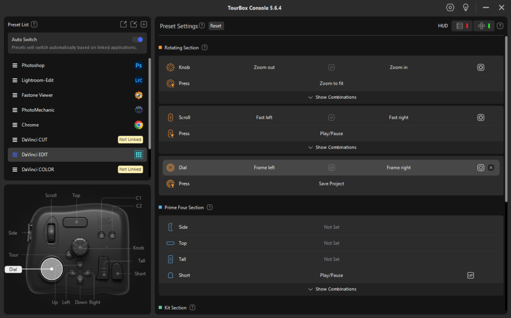 Tourbox controller programming screen