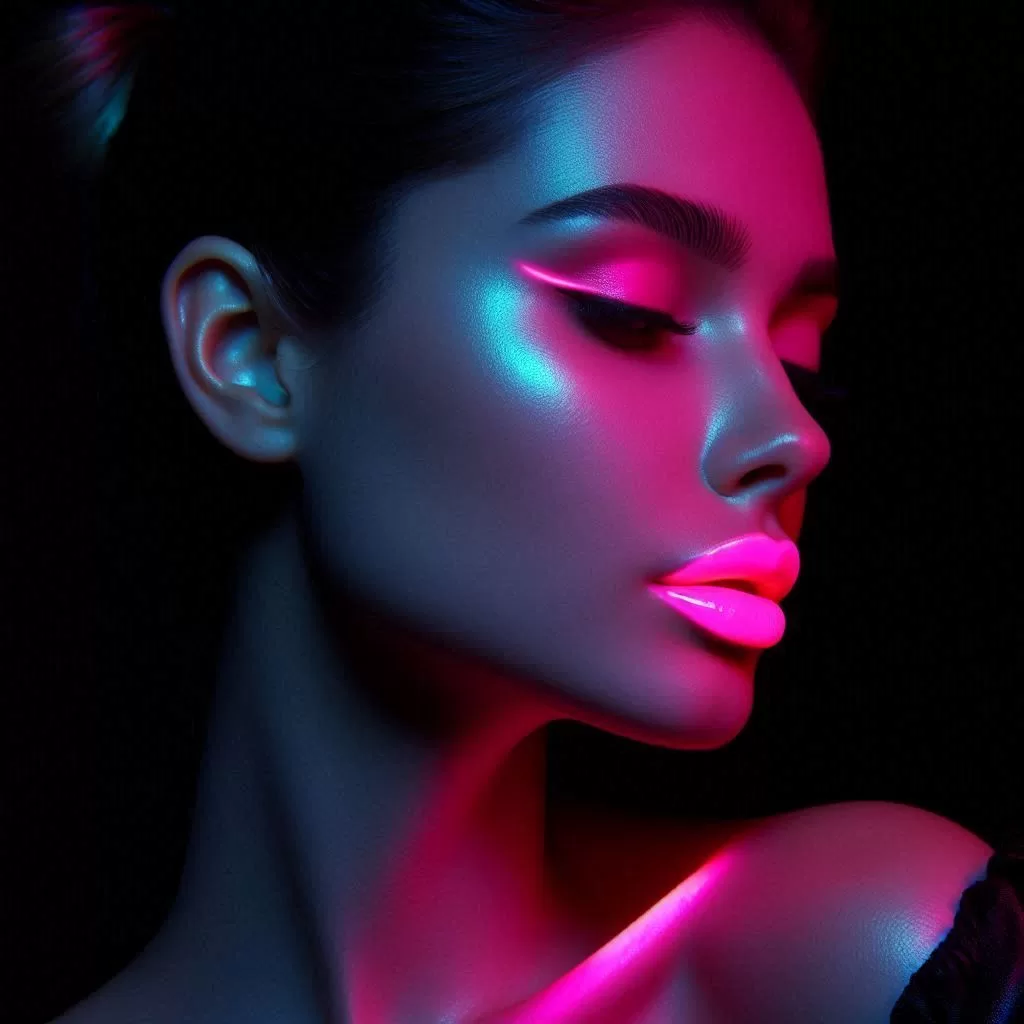 DALL-E woman_wearing_glow_in_the_dark_pink_lipgloss__side_view