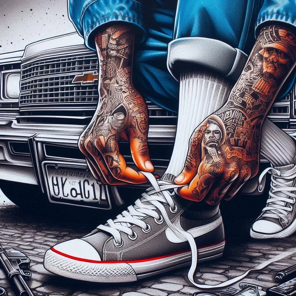 DALL-E rap cover, street style, tattoo hand of a boy is lacing up his shoes, 