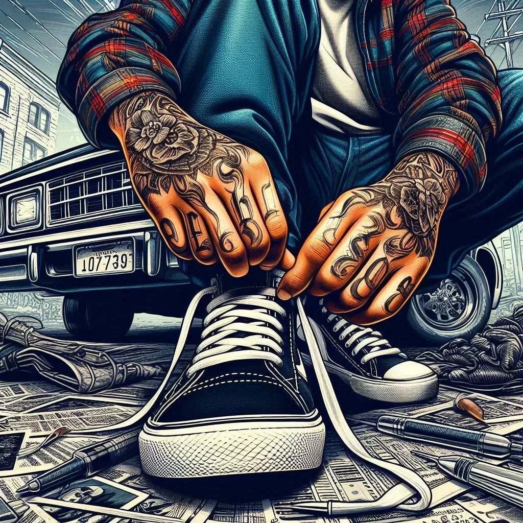 MJ- rap cover, street style, tattoo hand of a boy is lacing up his shoes, 