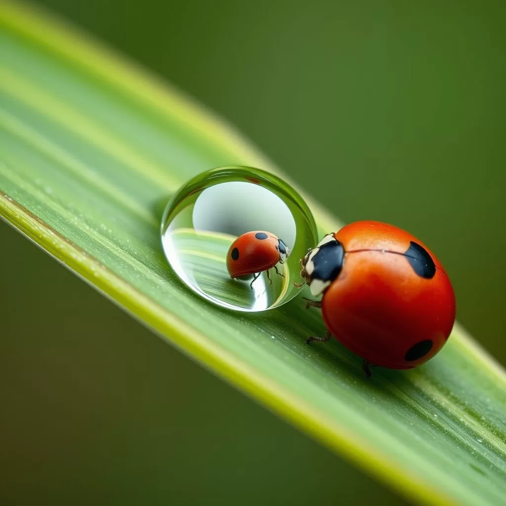 lady bug on a leaf with a droplet of water.