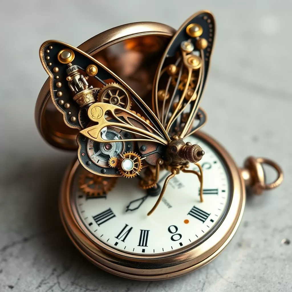 A steampunk-inspired mechanical butterfly on a Victorian-era pocket watch