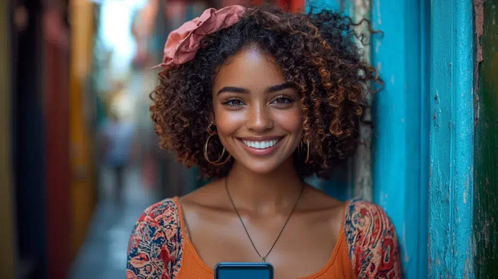 Female smiling, engaging in a simulated social media interaction on her phone