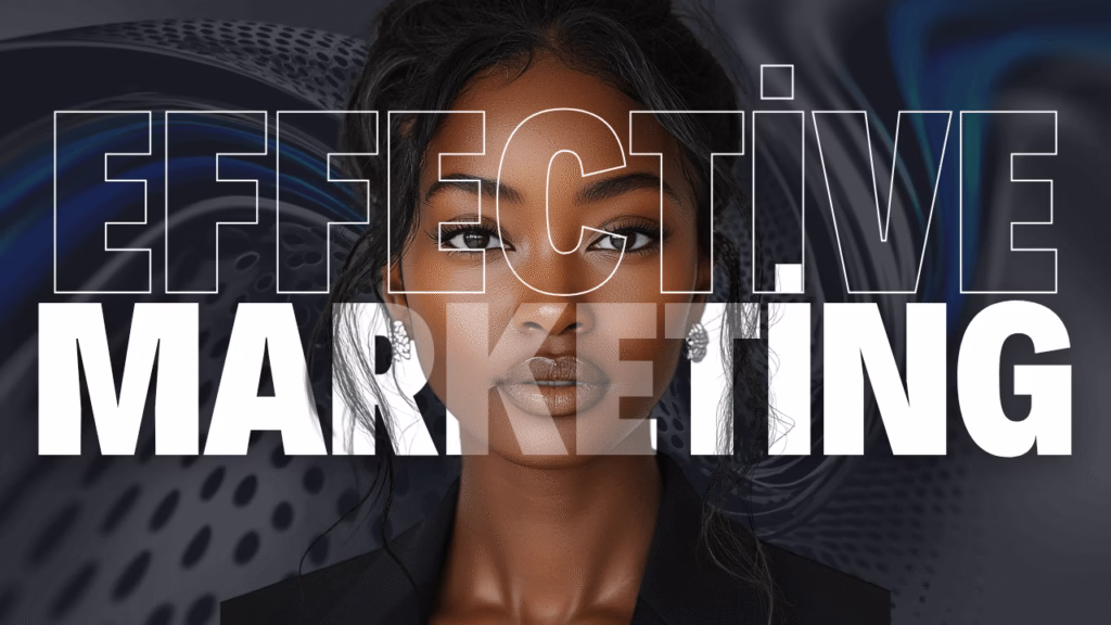 Business Services - Professional portrait of a woman with elegant makeup and jewelry against dark background with 'Effective Marketing' text overlay