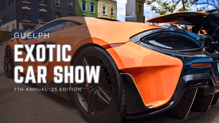 Guelph Exotic Car Show 7th Annual 2025 Edition featuring orange McLaren 570S supercar against downtown Guelph architecture